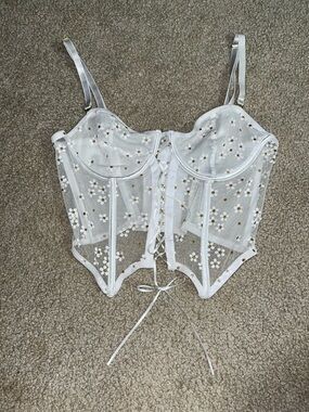 White Floral Mesh Lace-Up Bustier Corset Top